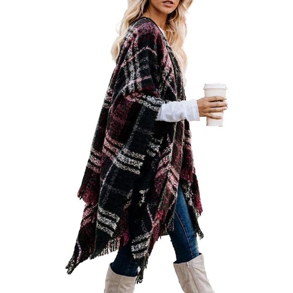 Women's Cotton Polyester Plaid Shawl Wraps Cozy Cardigan Poncho Fall Wear